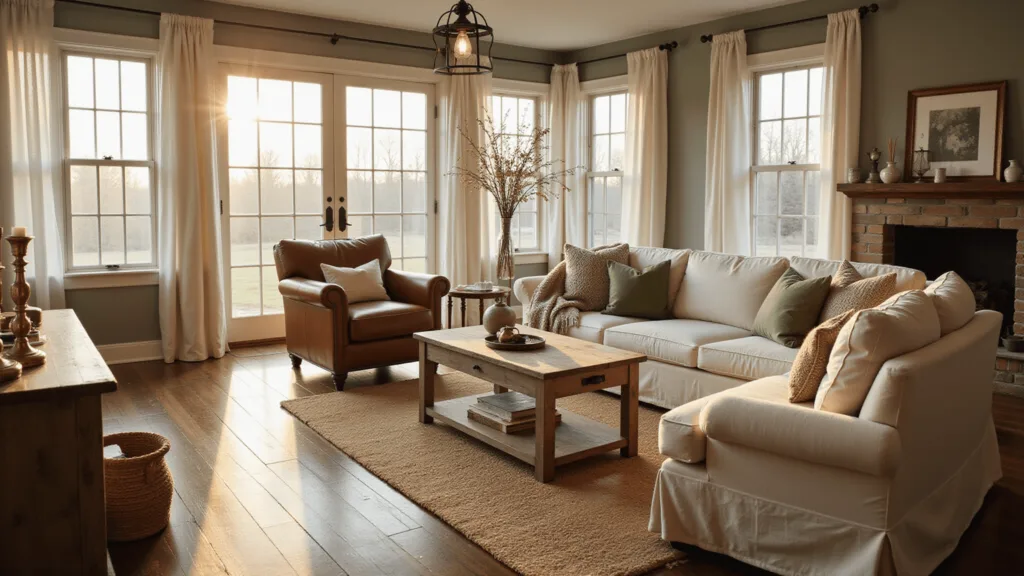 "Farmhouse style living room bathed in golden hour sunlight, featuring cream linen sofa, rustic wooden furniture, and warm decor accents."