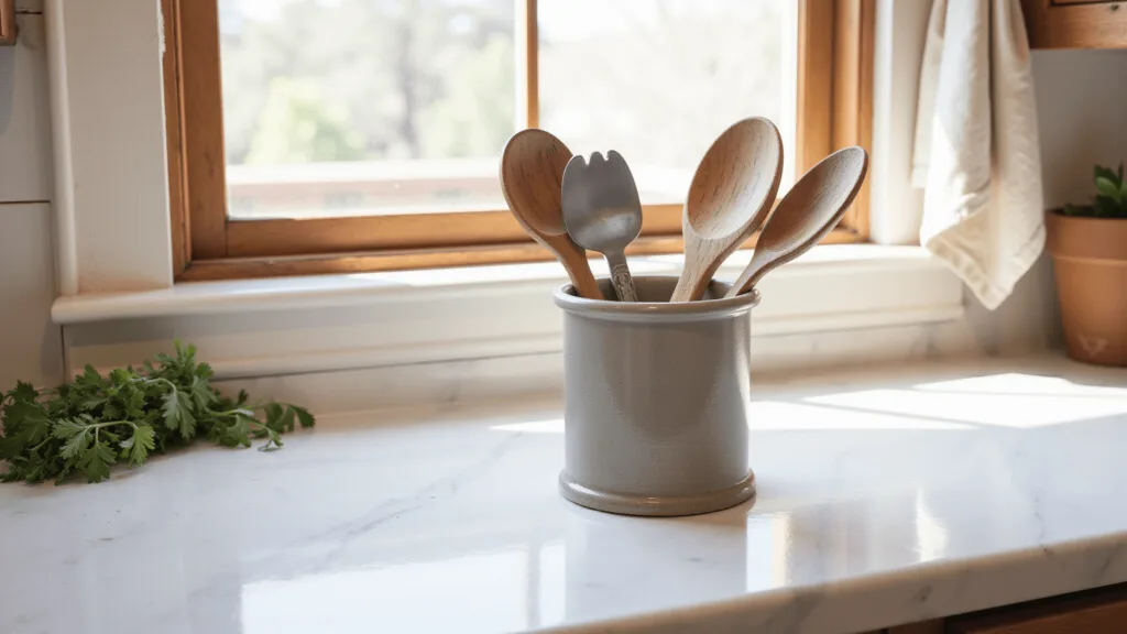 "Rustic ceramic utensil holder on marble countertop in a sunlit farmhouse kitchen with fresh herbs and weathered wood accents"