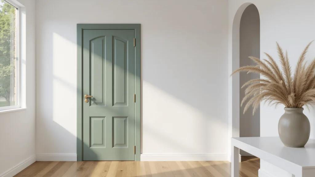 "Sage green door with brass hardware in a white room with oak flooring and pampas grass in a vase"