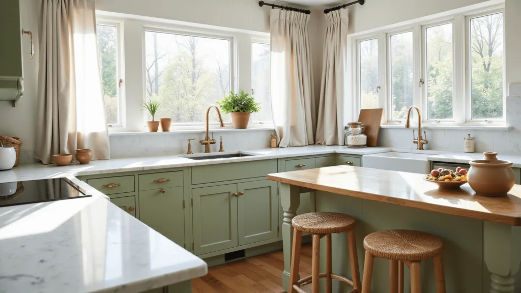 Styling a Kitchen with Sage Green Cabinets: Your Ultimate Design Guide "Sage green kitchen with marble countertops, brass fixtures, natural wood island, woven barstools, and earthenware pottery in bright morning sunlight."