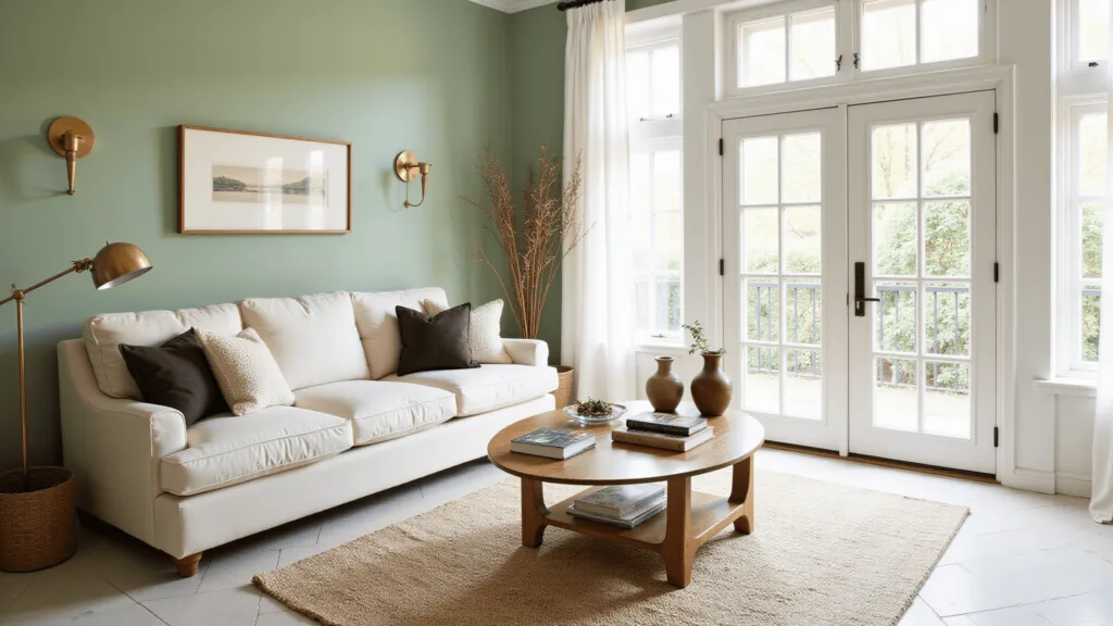 Sage Green Living Room: Your Ultimate Guide to Creating a Serene and Stylish Space "Sage green living room interior with natural light shining through white curtains, featuring cream sofa, brass accents, potted plants and a white oak herringbone floor"