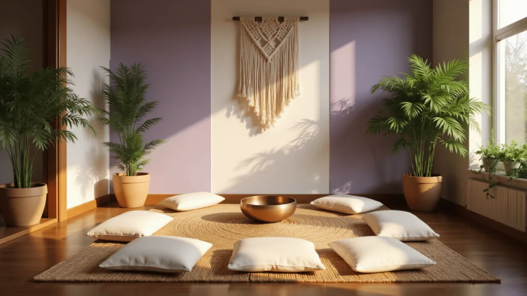 "Meditation room with bamboo platform, ivory cushions, lavender and sage accent walls, potted bamboo plants, macramé wall art and a Tibetan singing bowl bathed in soft golden sunlight"