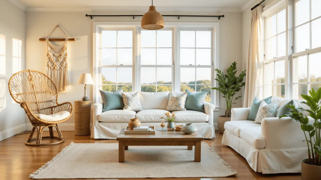"Sunlit coastal living room with rattan chair, white sofa, Persian rug, macramé wall decor and sea grass lighting with ocean blues and sandy neutrals tones"