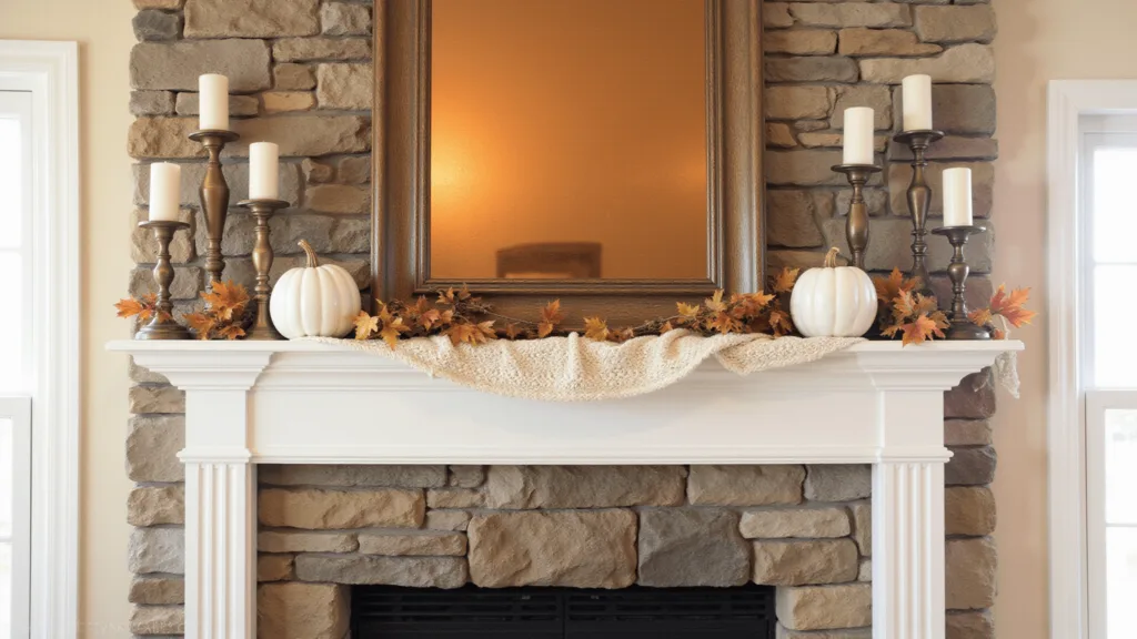 "Fall-themed fireplace mantel display with white ceramic pumpkins, brass candlesticks, dried leaves, under warm sunlight"