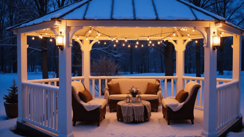 "Snowy winter gazebo at twilight with warm cafe lights, mercury glass lanterns, and cozy furniture arrangements in cool blue tones"