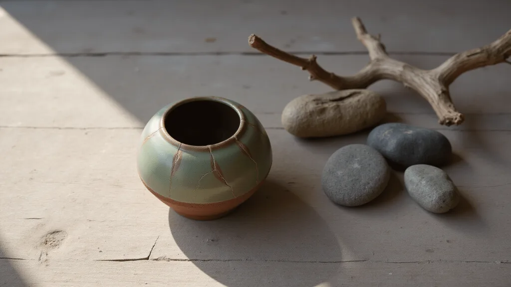 "High-resolution image of a weathered ceramic vessel with visible cracks and uneven glazing on a rough wooden surface, adorned with a dried eucalyptus branch and worn river stones in soft morning light."