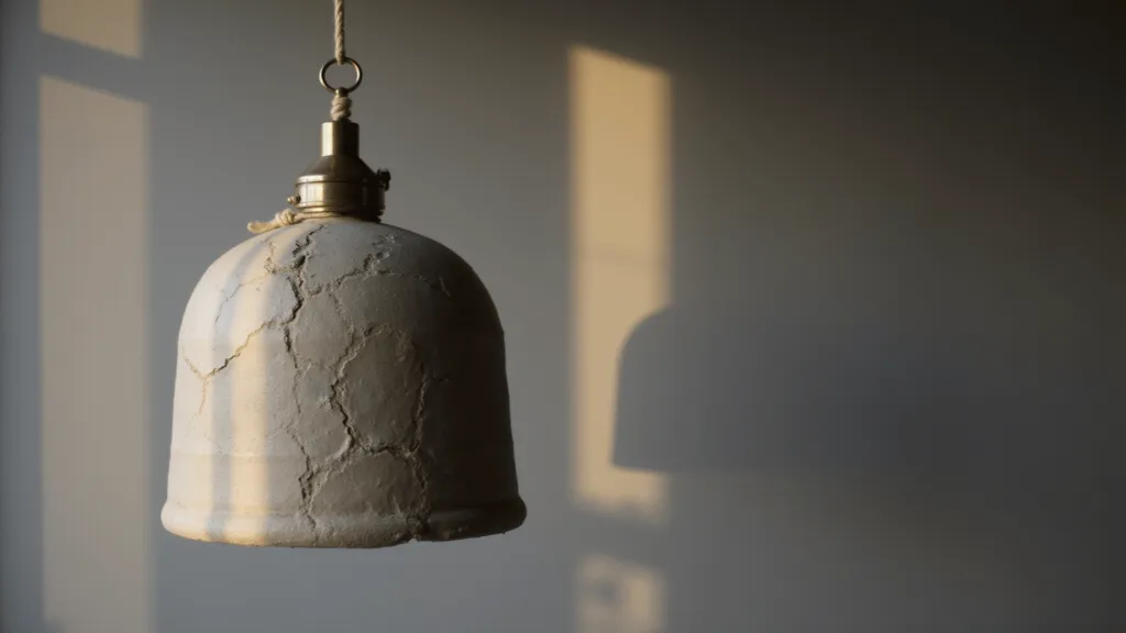 "Handcrafted ceramic pendant light with earthy tones and textures, hanging against a lime-washed wall in soft golden hour light"