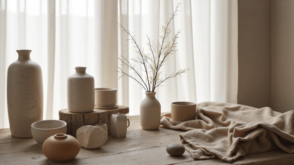 "Wabi-sabi styled interior with handmade ceramics and wooden furniture bathed in soft morning light, highlighted by an ikebana arrangement in a crackle-glazed vase"