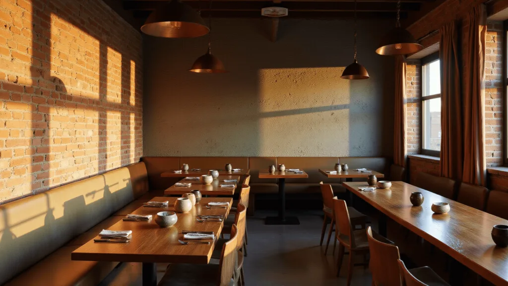 "Rustic restaurant interior with weathered brick walls, walnut tables, and copper fixtures illuminated by natural sunlight at golden hour"