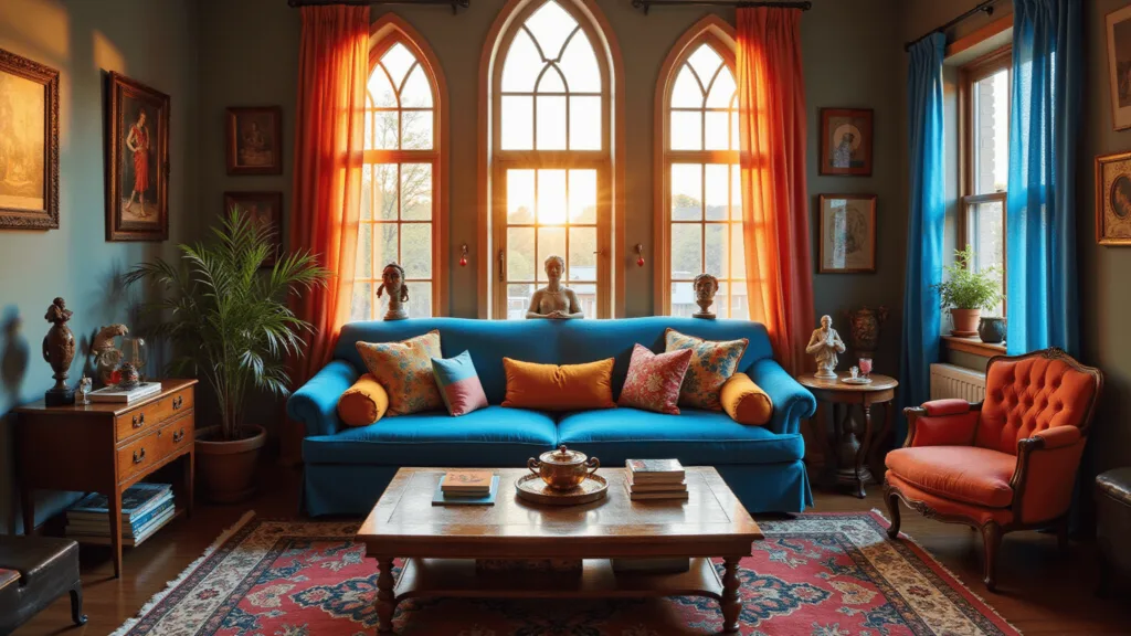 "Whimsical living room with a blue velvet sofa, colorful pillows, vintage sculptures, Persian rug, and rainbow curtains in soft golden light."