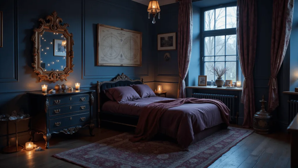 "Victorian bedroom with midnight blue walls, ornate brass mirror, black velvet furniture, twinkling fairy lights, vintage astronomy charts, lace curtains and scattered crystals in moonlight, creating a dark, romantic and moody atmosphere."