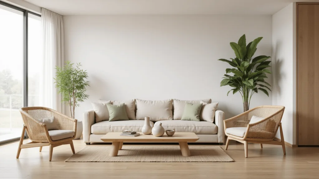 "Serene minimalist living room with natural light, beige linen sofa, rattan chairs, wooden coffee table, bamboo plants, stone sculptures and a water feature"