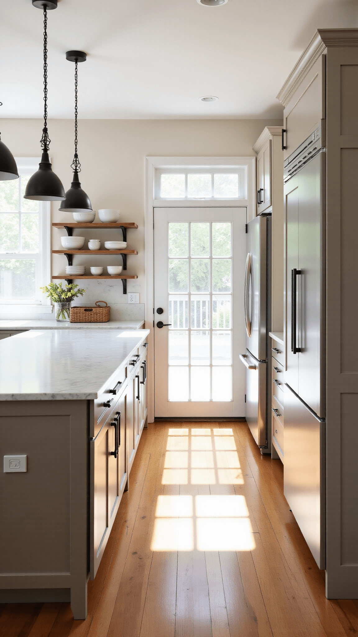 Modern farmhouse kitchen with greige cabinets, Carrara marble countertops, vintage pendant lights, and brushed stainless steel French door refrigerator, bathed in morning light.