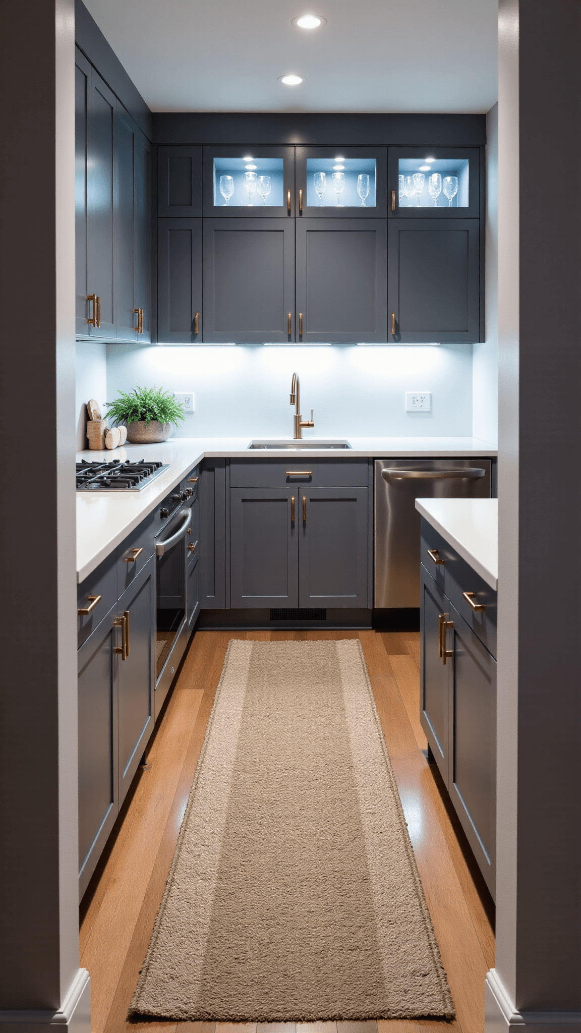 Galley kitchen lit by under-cabinet LEDs at blue hour, featuring gray flat-panel cabinets, white quartz waterfall countertop, glass-front cabinets with crystal stemware, and a handwoven earth-toned runner, shot from hallway entrance.
