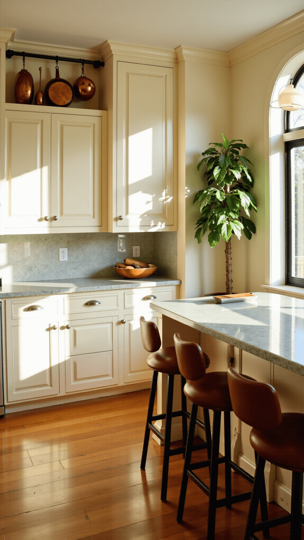Sunlit transitional kitchen with beige cabinets, quartzite island, leather barstools, hanging copper pots and a fiddle leaf fig near the window, taken from dining room entrance.