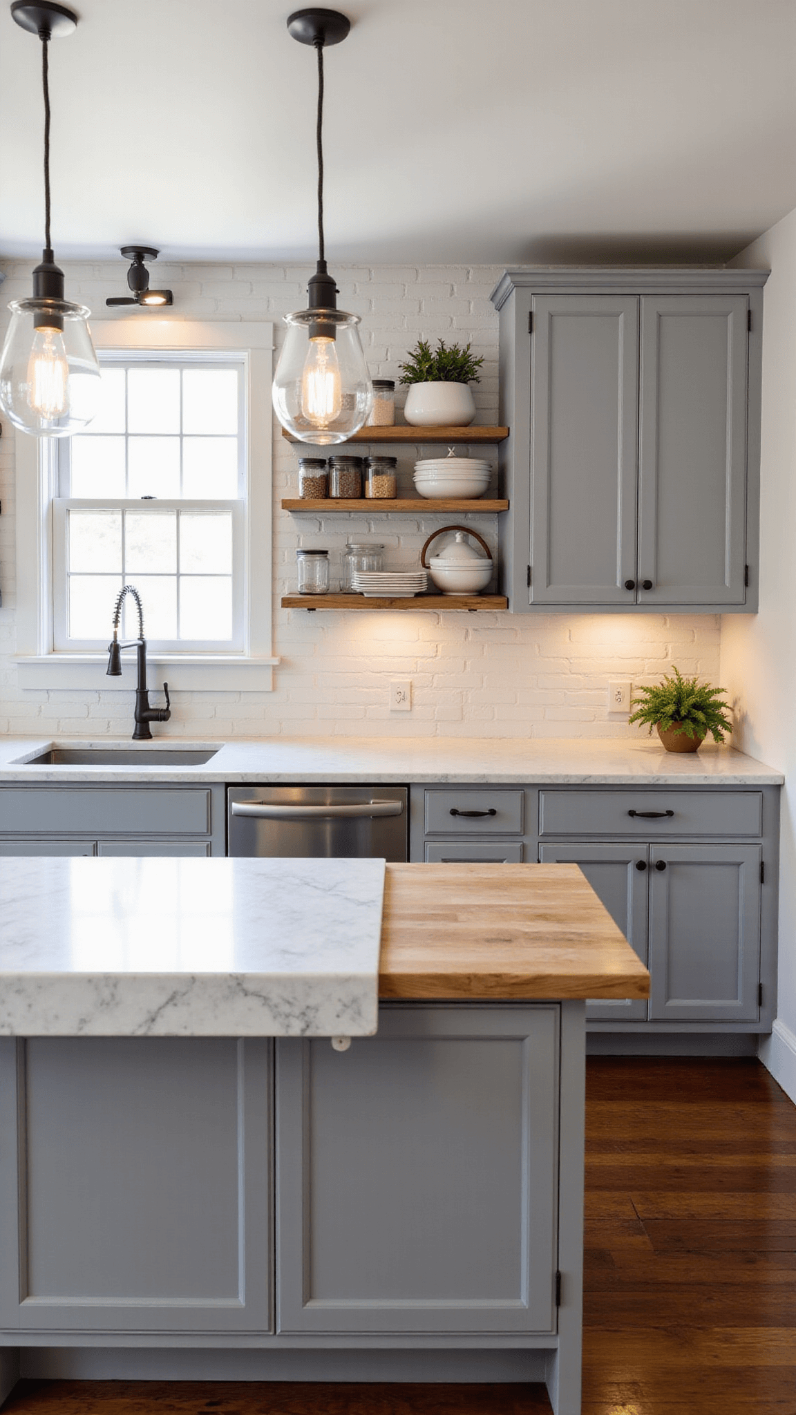 Cozy cottage kitchen with gray cabinets and white subway tile backsplash, illuminated by vintage glass pendants and morning light filtering through cafe curtains