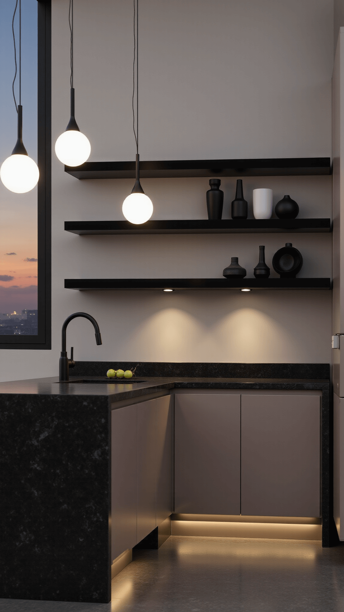 Modern kitchen at twilight with taupe slab-front cabinets, black granite counters, minimalist globe pendants, sleek graphite appliances, and geometric vases on floating shelves, illuminated by under-cabinet lighting.