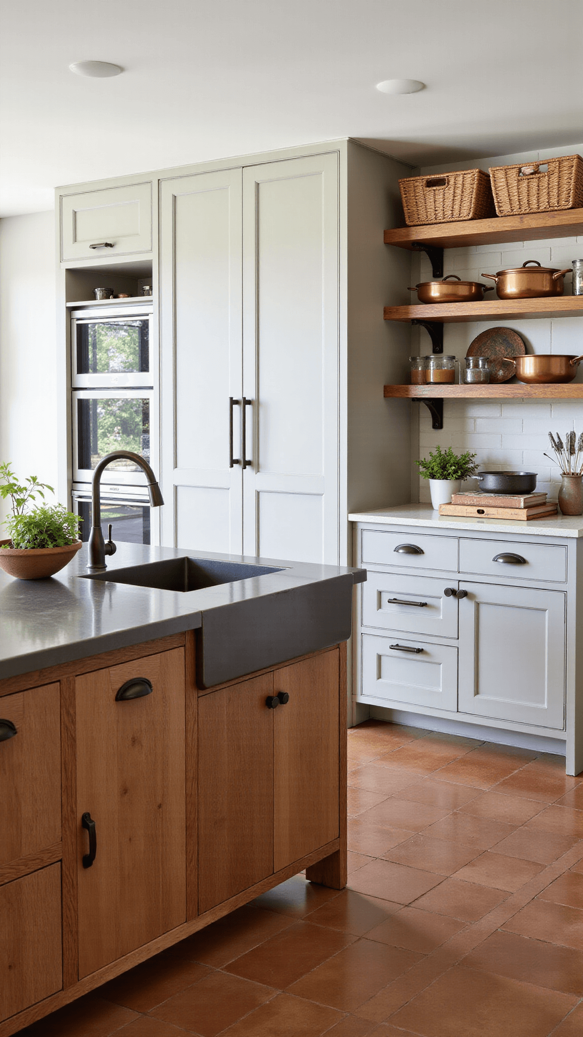 Rustic-contemporary kitchen with greige cabinets, reclaimed wood island, copper cookware on industrial rack, and terracotta tiles in mid-morning light