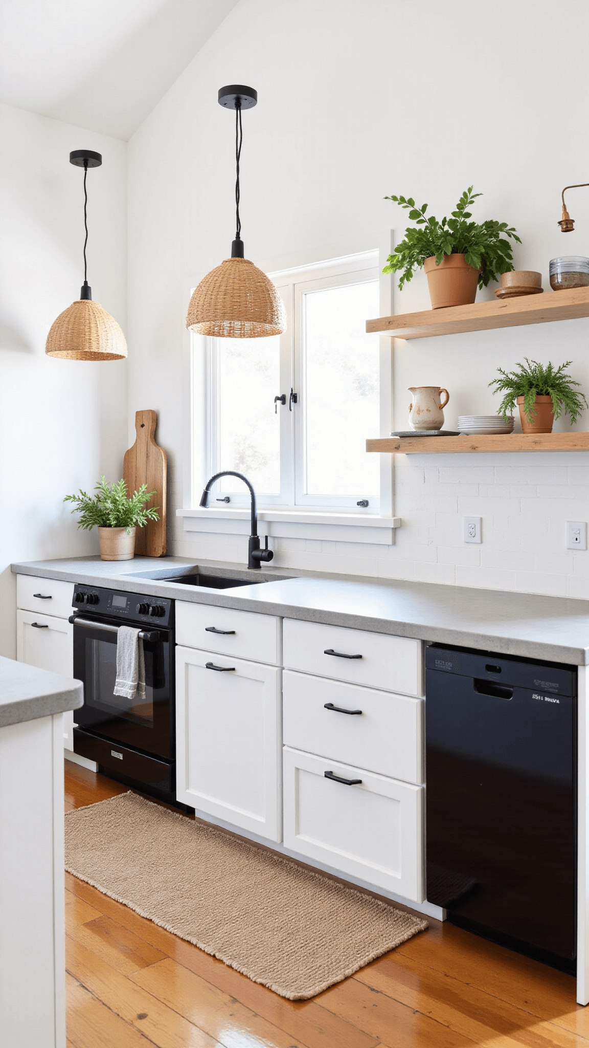 Light-filled California-casual kitchen featuring white oak cabinets, concrete countertops, rattan pendant lights, vintage rugs, and handmade ceramics on floating shelves.