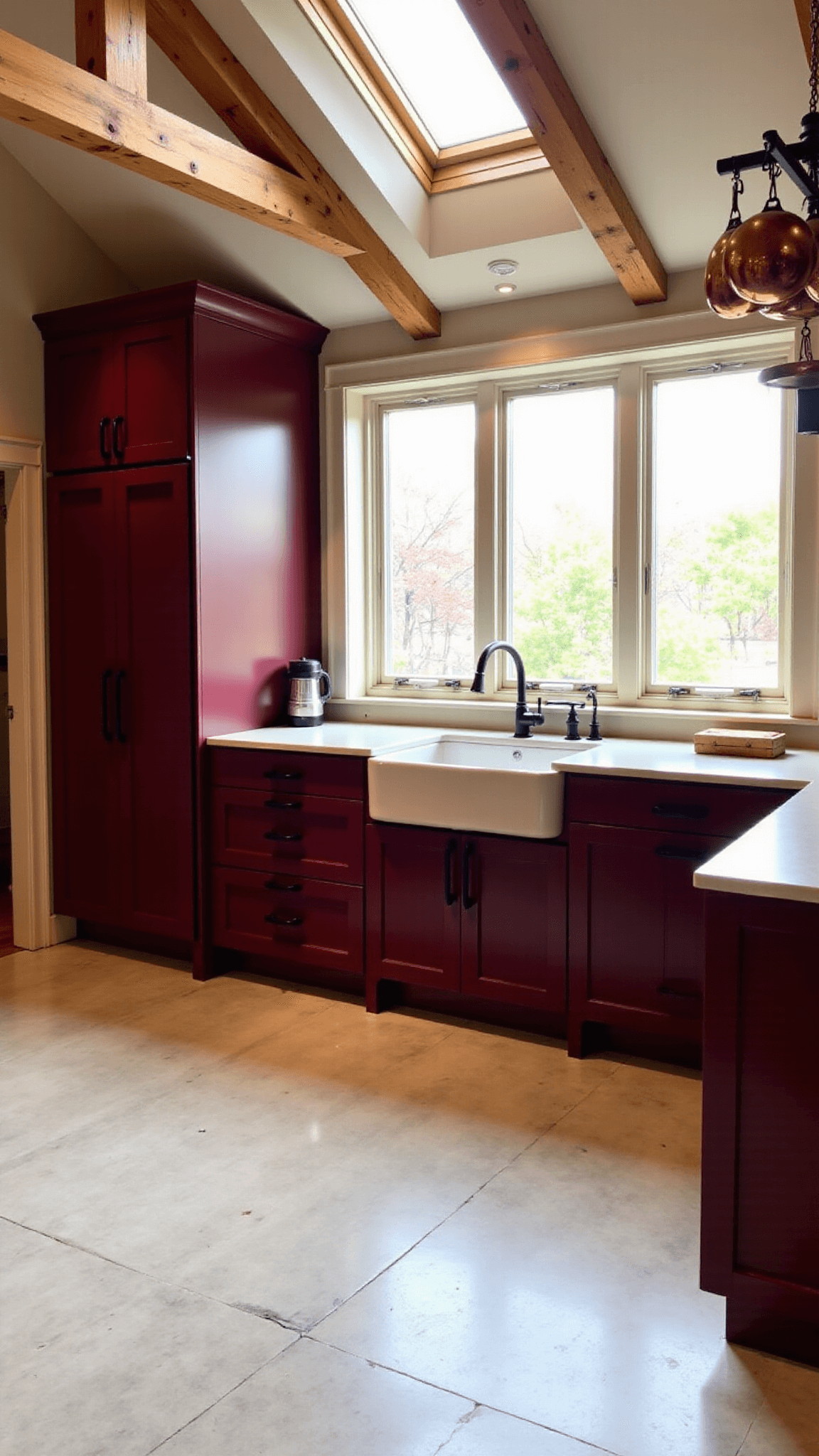 Cozy and elegant rustic-modern kitchen lit by golden hour skylight, featuring exposed wooden beams, burgundy shaker-style cabinets, cream limestone floors, and a farmhouse sink beneath the window, with copper pots hanging from ceiling rack.