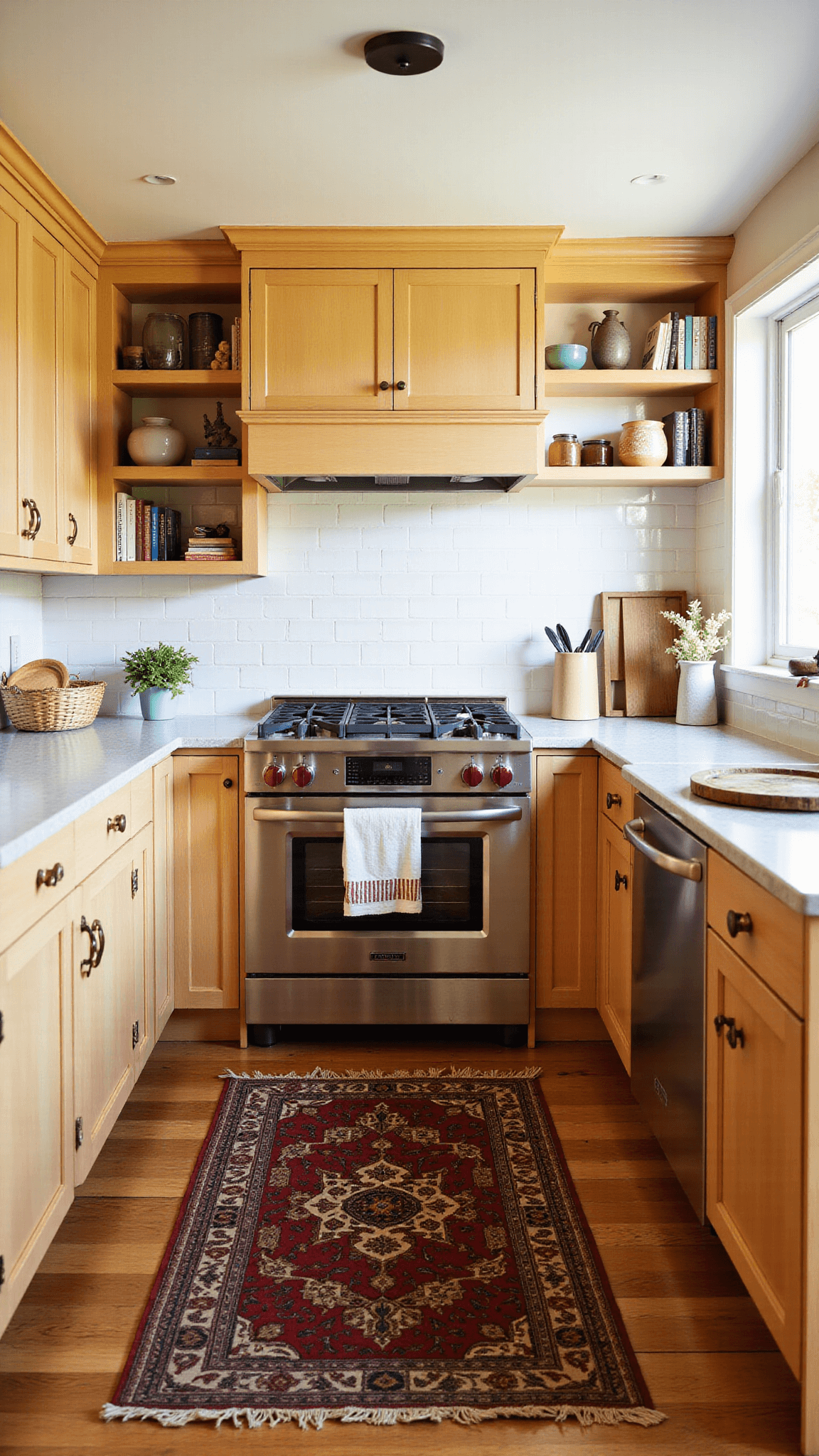 Cozy farmhouse kitchen bathed in golden hour light with honey-brown cabinets, white subway tile backsplash, open shelving with pottery and cookbooks, with a Persian runner on oak flooring.