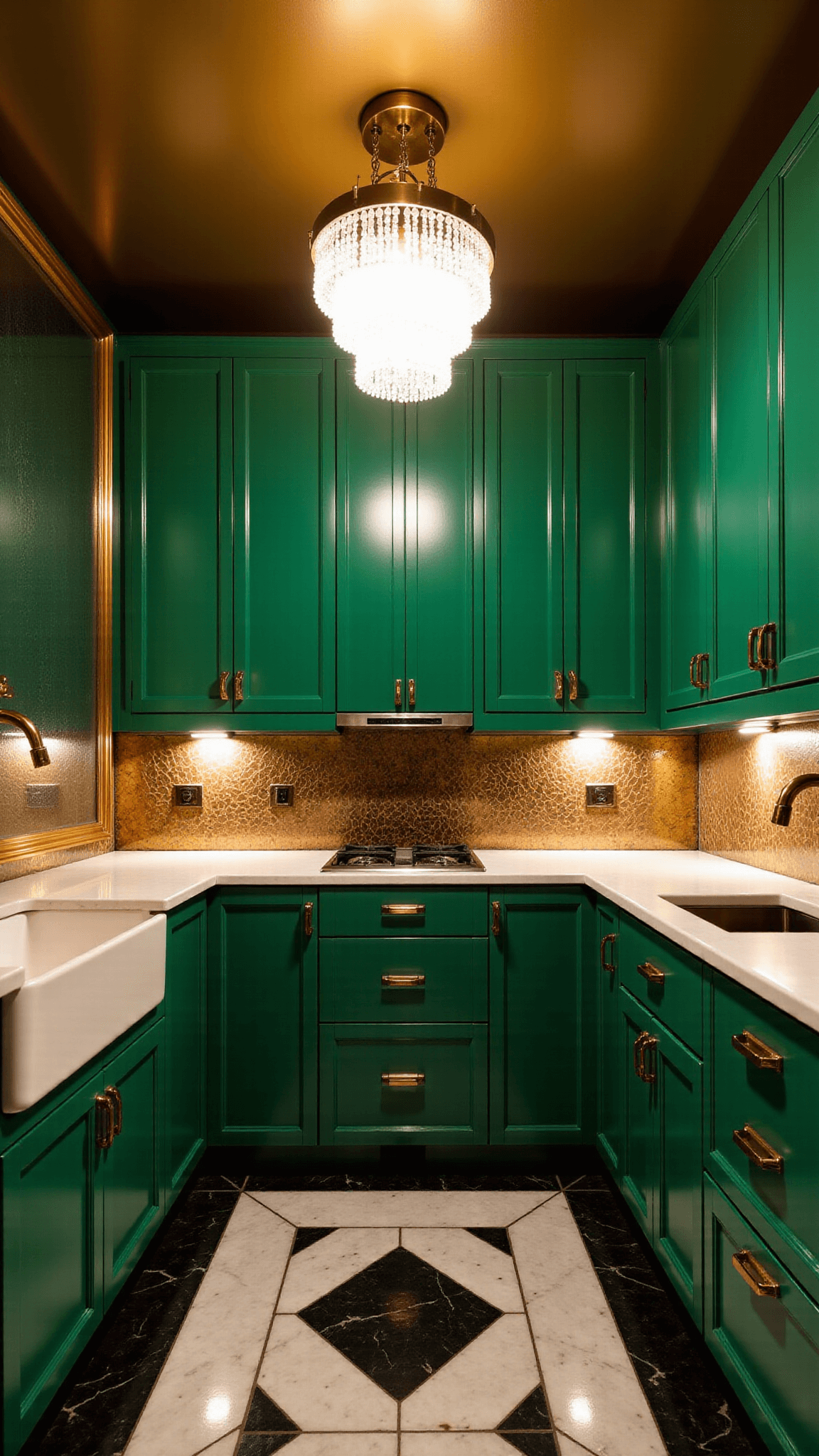 Art Deco-inspired kitchen with high-gloss emerald cabinets with brass inlays, black and white marble chevron floors, antique mirror backsplash, crystal chandelier, all bathed in warm sconce lighting for a perfect blend of vintage glamour and modern luxury.