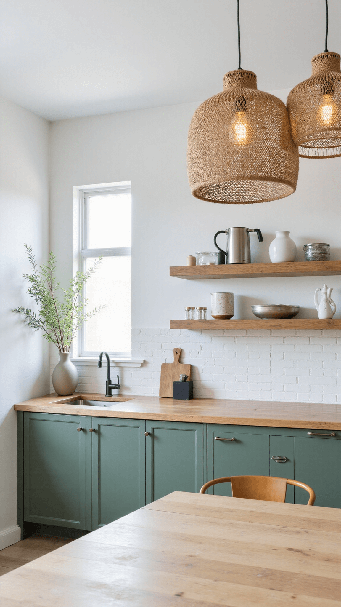 Scandinavian-inspired serene kitchen with sage-toned emerald cabinets, pale oak countertops, white brick backsplash, and woven pendant lights