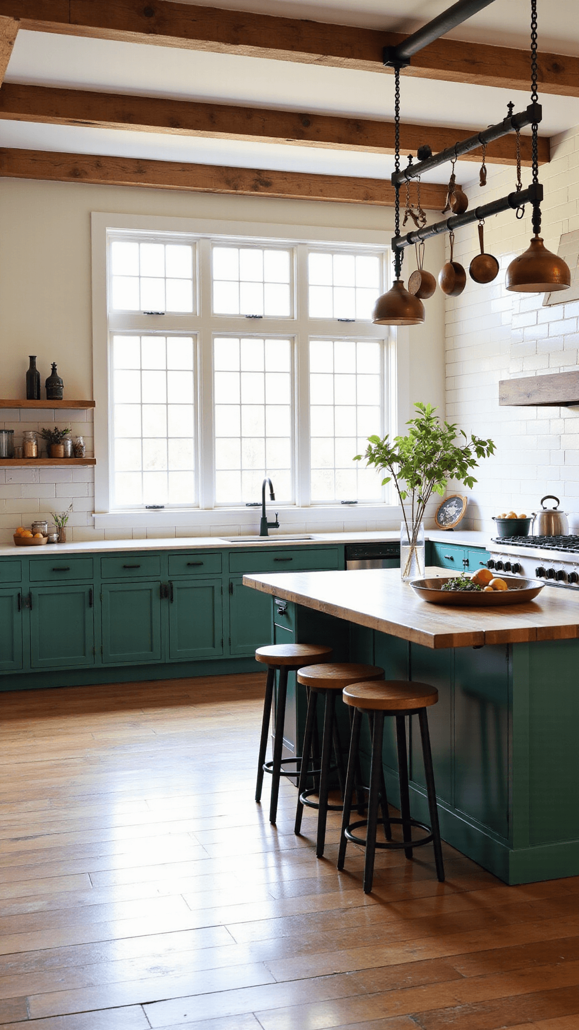Spacious modern farmhouse kitchen with emerald cabinets, exposed beams, a butcher block island with vintage stools, cream shiplap accent wall and hanging copper pots.