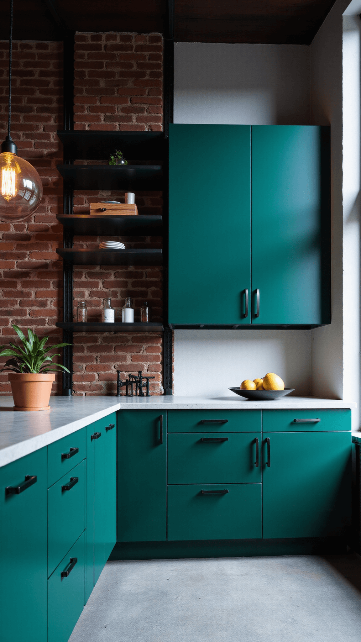 Twilight-lit urban loft kitchen featuring tall industrial windows, deep emerald cabinets with steel pulls, polished concrete counters, and a black steel shelving system. Existence of a dramatic angle highlighting the vertical space and an Edison bulb chandelier bringing a blend of industrial and luxurious ambiance.
