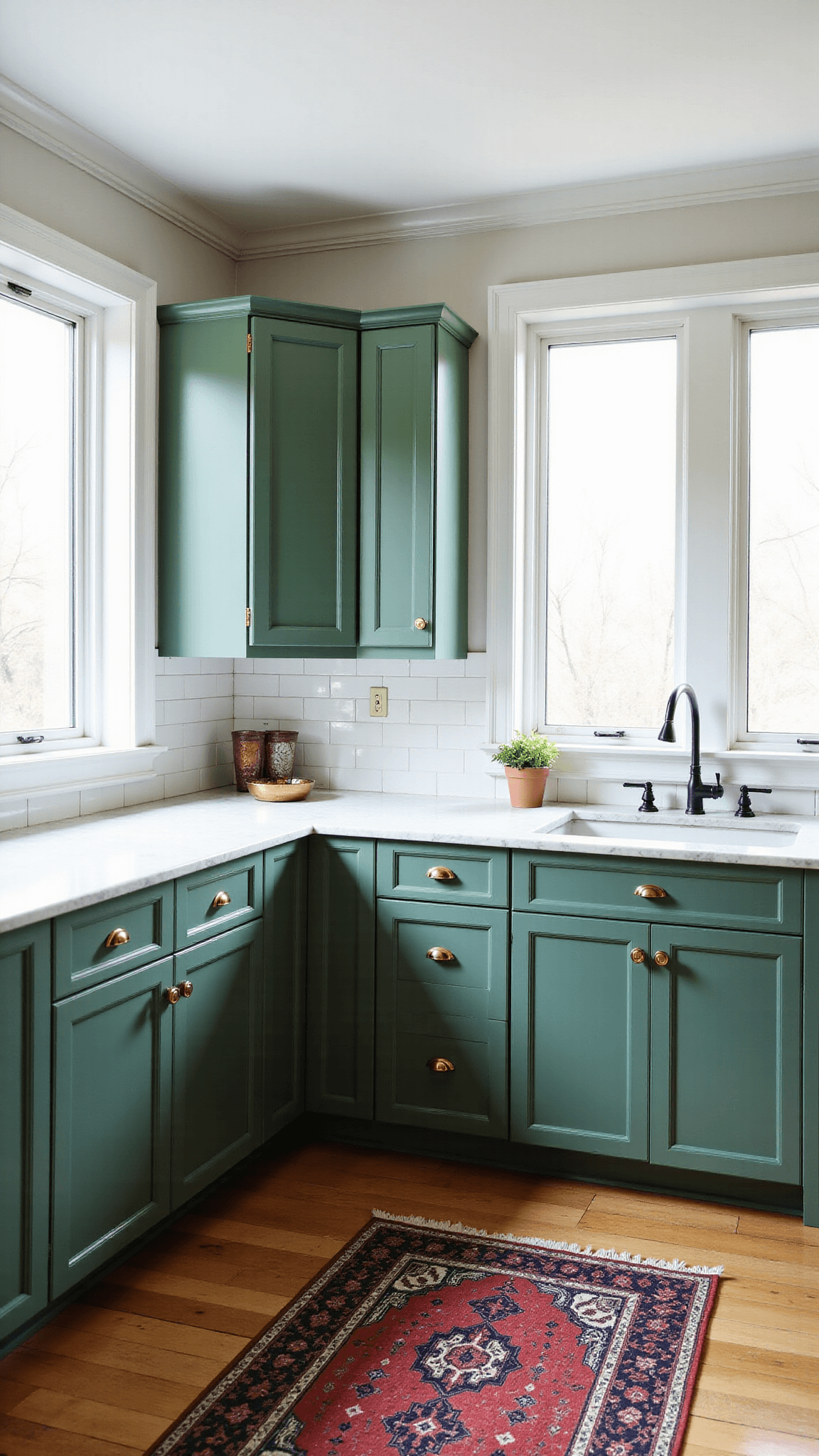 Classic 16x15ft kitchen with green cabinets, Carrara marble counters, subway tile backsplash, and bay windows illuminating the room with soft morning light