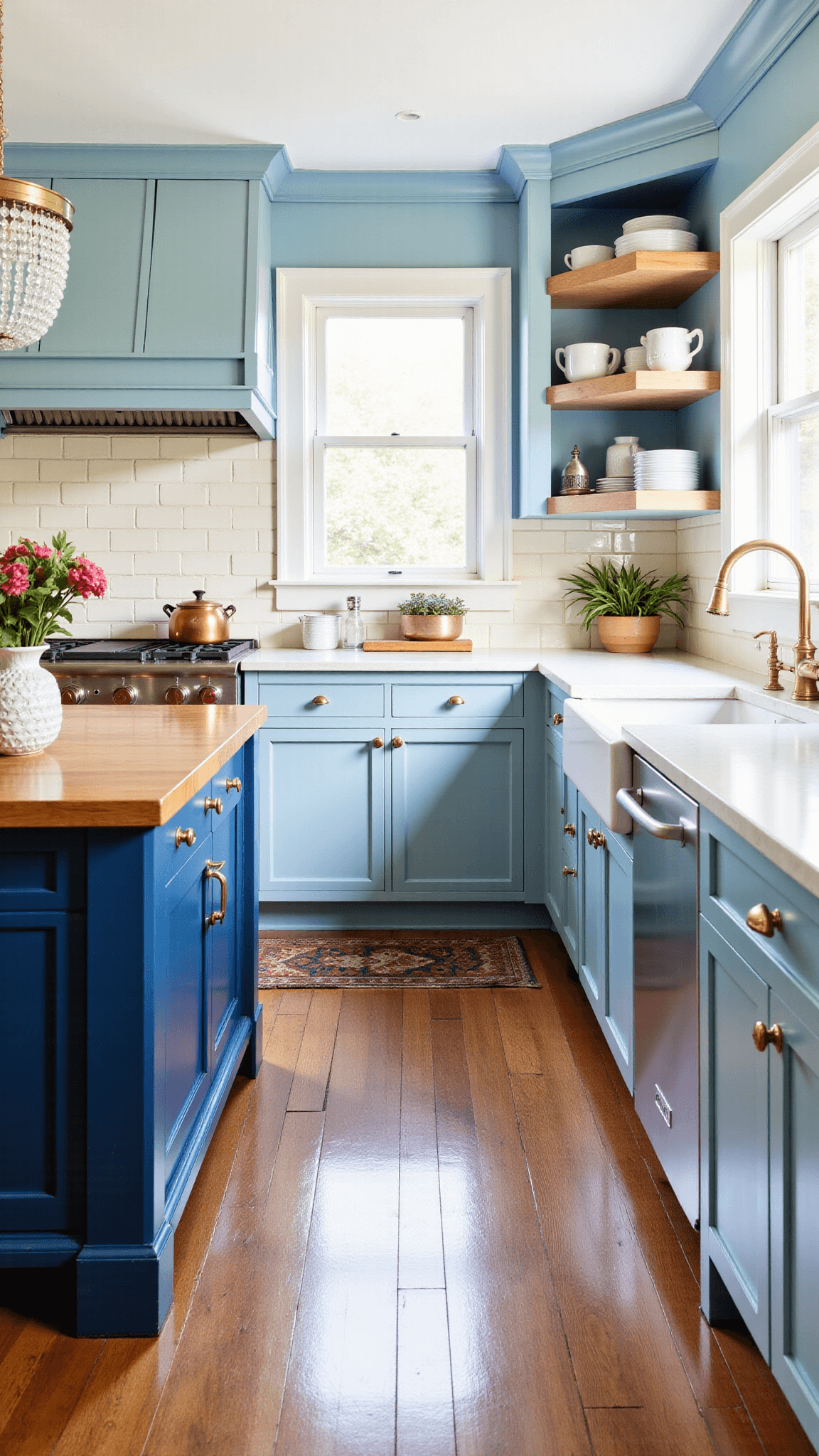 Vintage powder blue beadboard kitchen with brass pulls, cream ceramic tiles, butcher block counters, antique copper accents, ironstone on open shelves, and blue island with a crystal pendant during afternoon light.