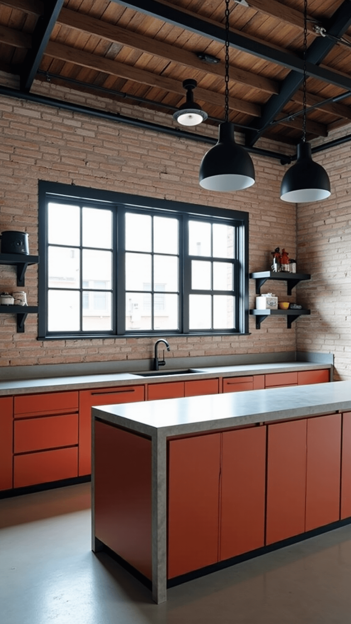 Eye-level view of a chic loft kitchen with terracotta cabinets, black trim, polished concrete counters, exposed brick wall, floating metal shelves, and black pendant lights, diffused afternoon light filtering through large factory windows.