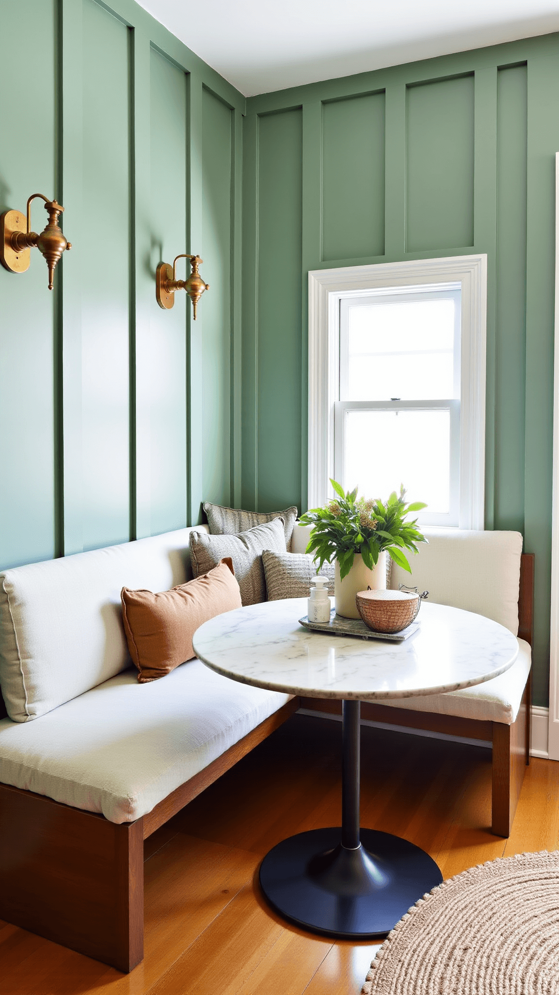 Bright midday lit intimate breakfast nook adjacent to a Pewter Green kitchen featuring a cream linen upholstered banquette, round marble table, brass sconces and cozy natural textures.