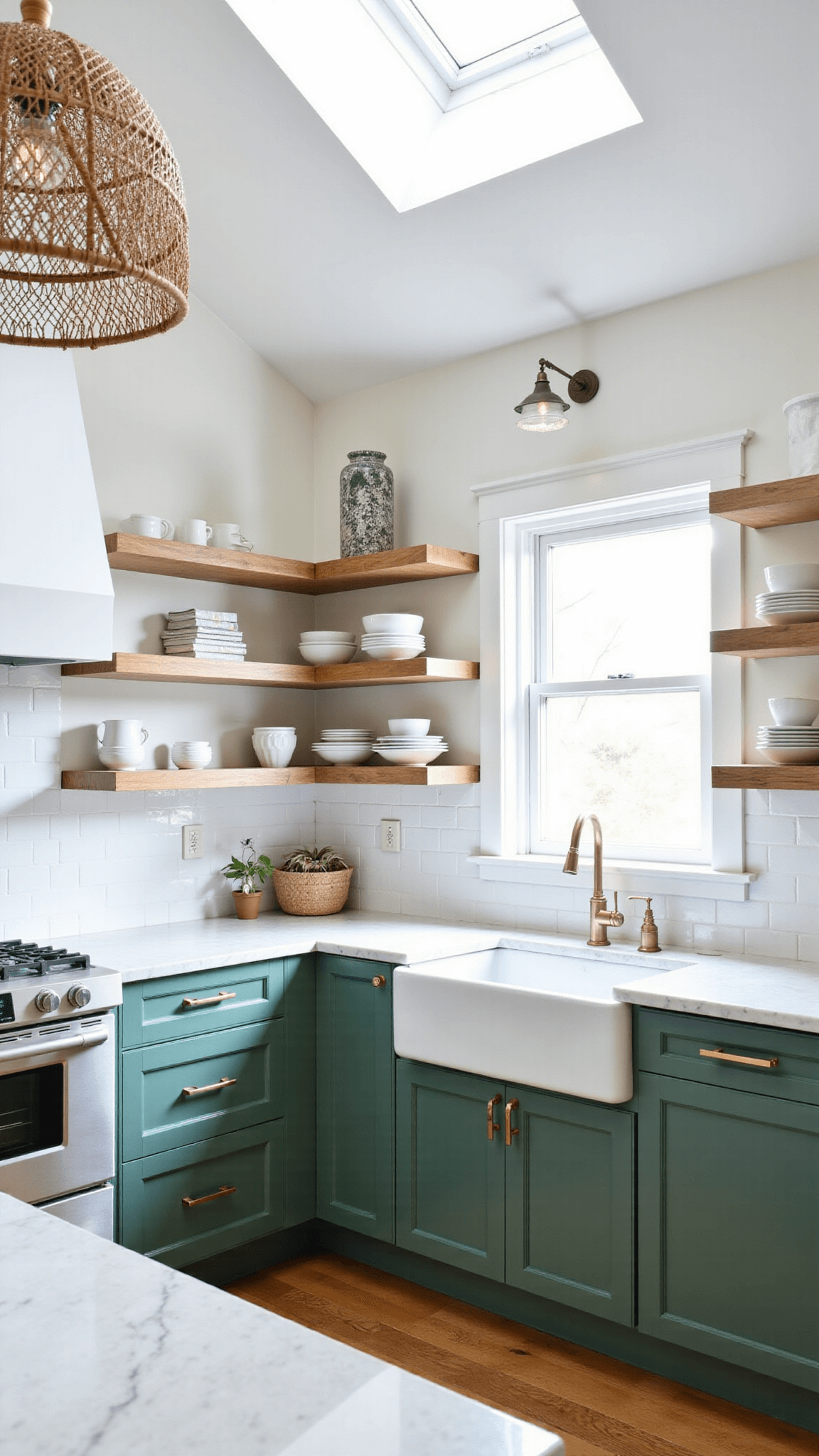 A bright, spacious 16x18ft modern farmhouse kitchen with sage-tinted emerald cabinets, white oak floating shelves, honed marble counters and apron sink, under natural and fill lights, with morning sunlight streaming through skylights, and woven pendant lights casting intricate shadows.