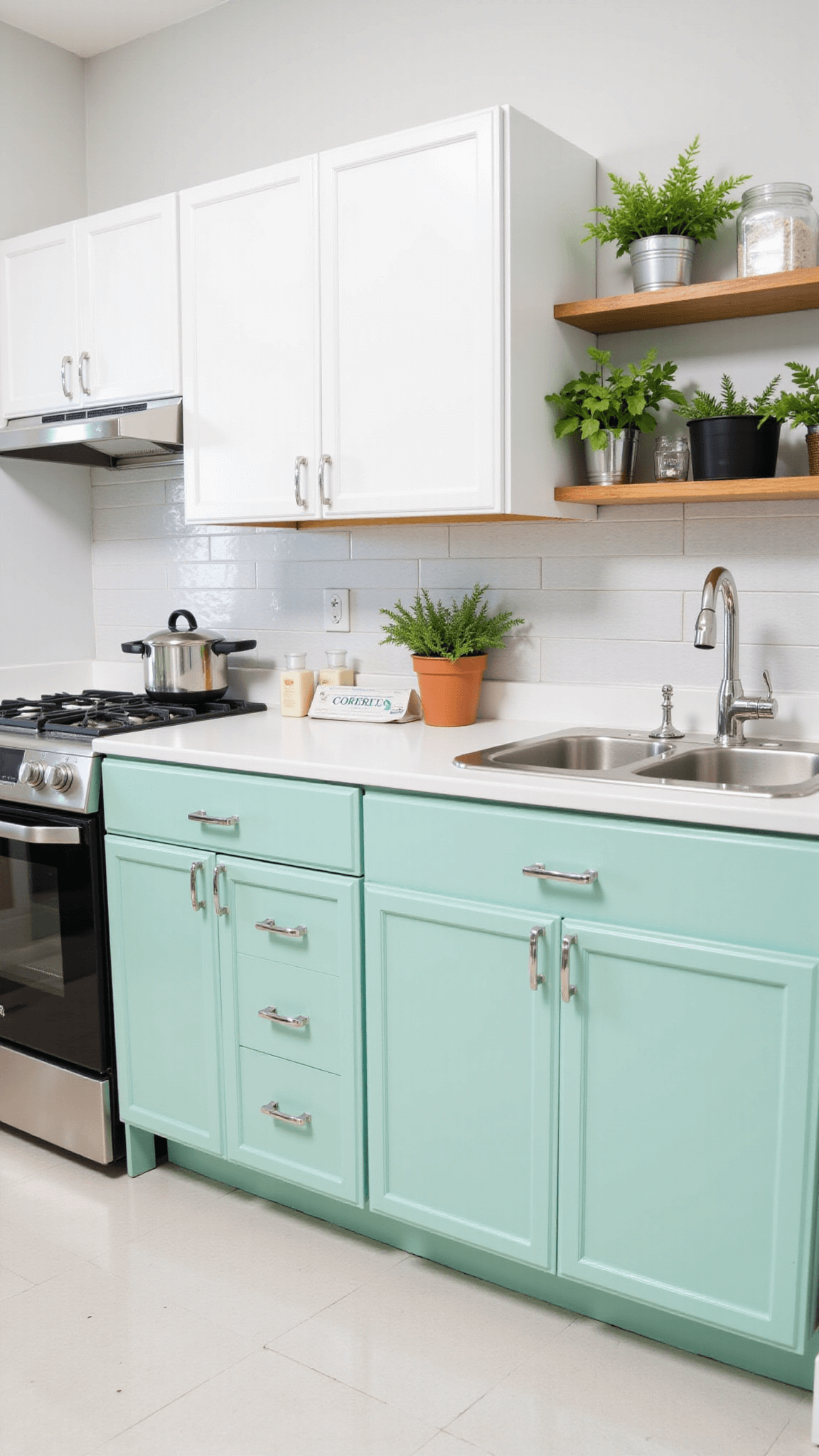 Bright and spacious 6x8ft apartment kitchen with Dutch Boy 'Mint Ice' lower cabinets, white upper cabinets, chrome hardware, compact appliances, mirror backsplash, vertical herb garden, and floating shelves, captured from hallway with bright lighting.