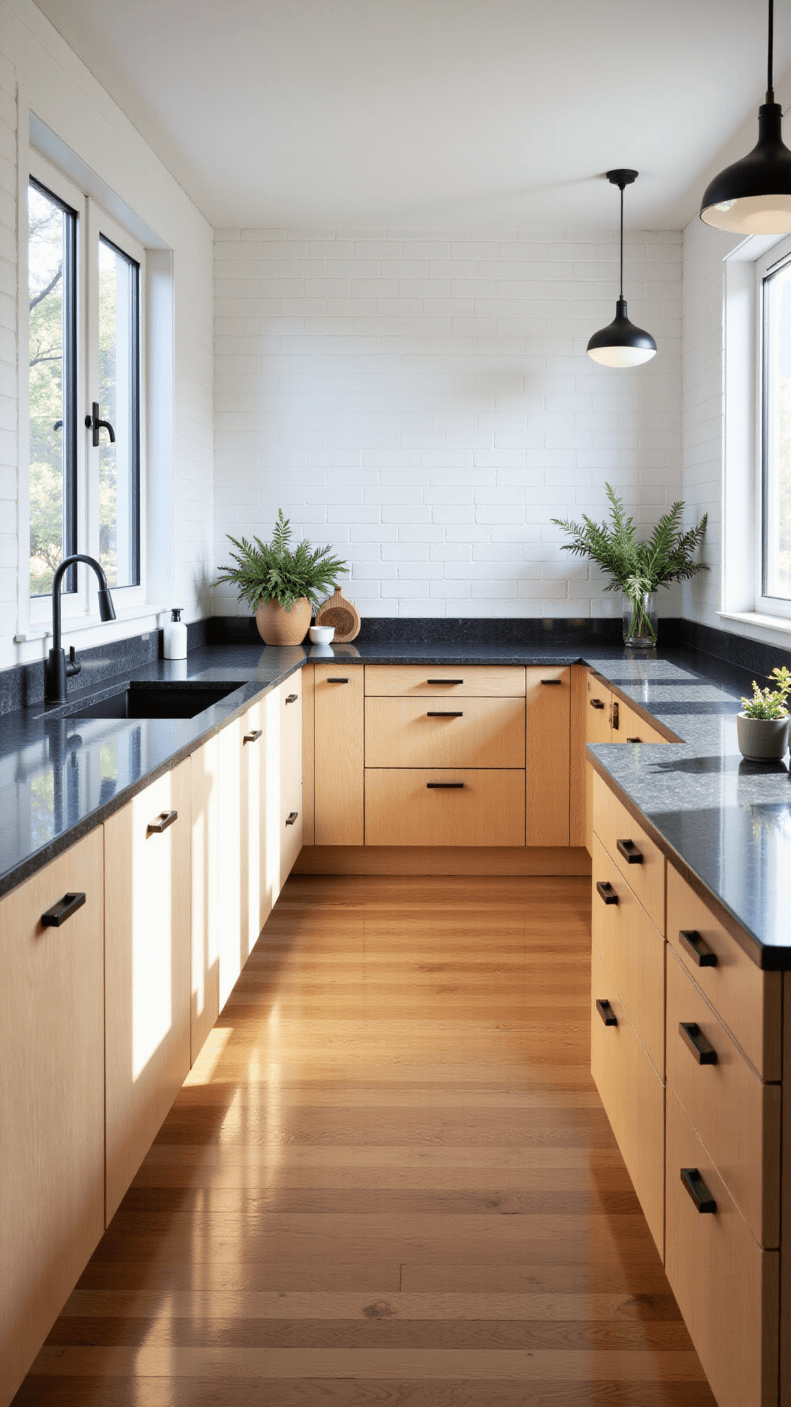 Contemporary Scandinavian kitchen with oak cabinets, black granite countertops, subway tile backsplash, and center island bathed in morning sunlight.