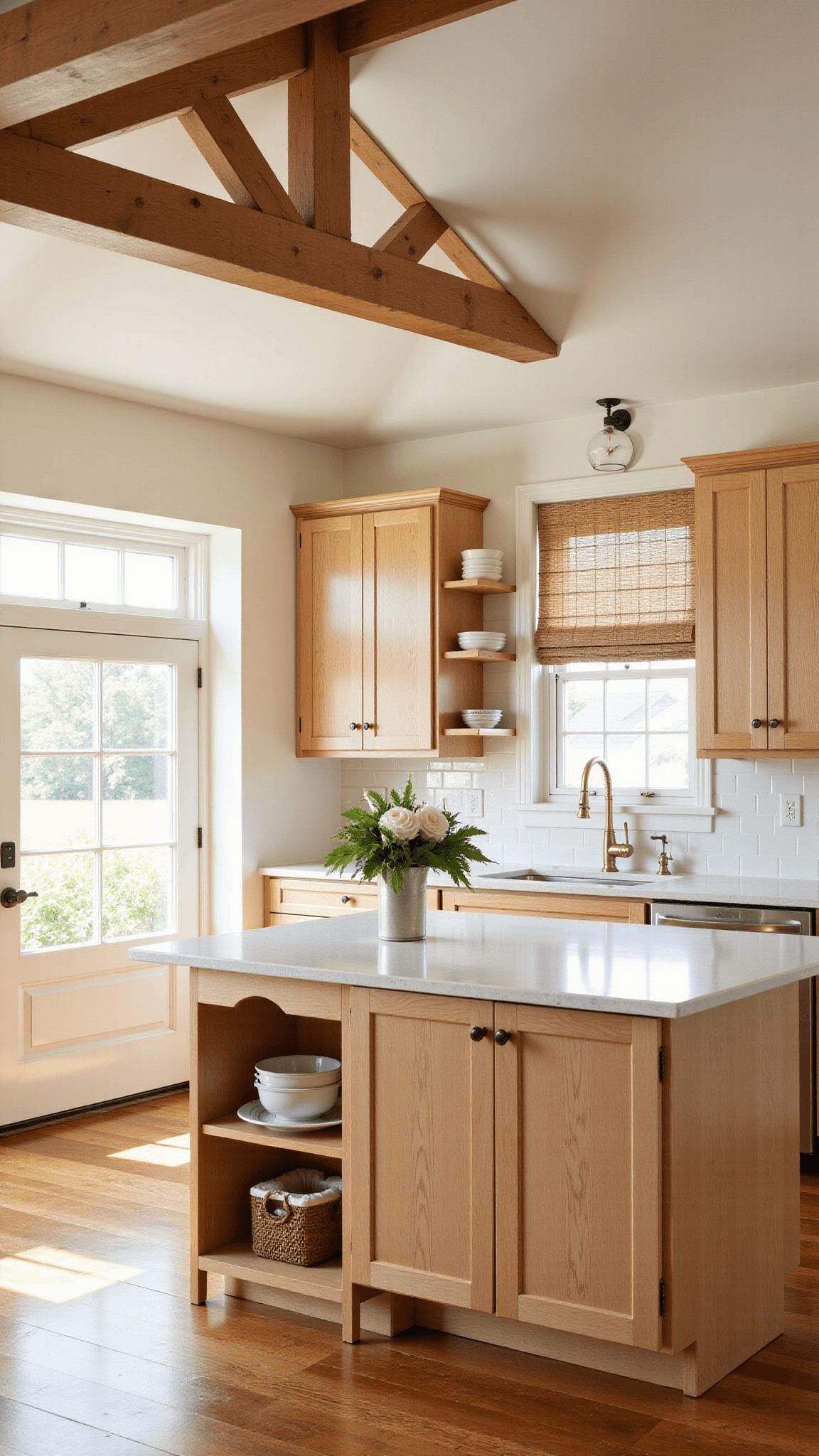 Wide-angle shot of a cozy, refined farmhouse-style kitchen with vaulted ceiling, exposed beams, light oak cabinets, creamy white quartz counters and brass details, bathed in golden hour lighting filtering through café curtains.