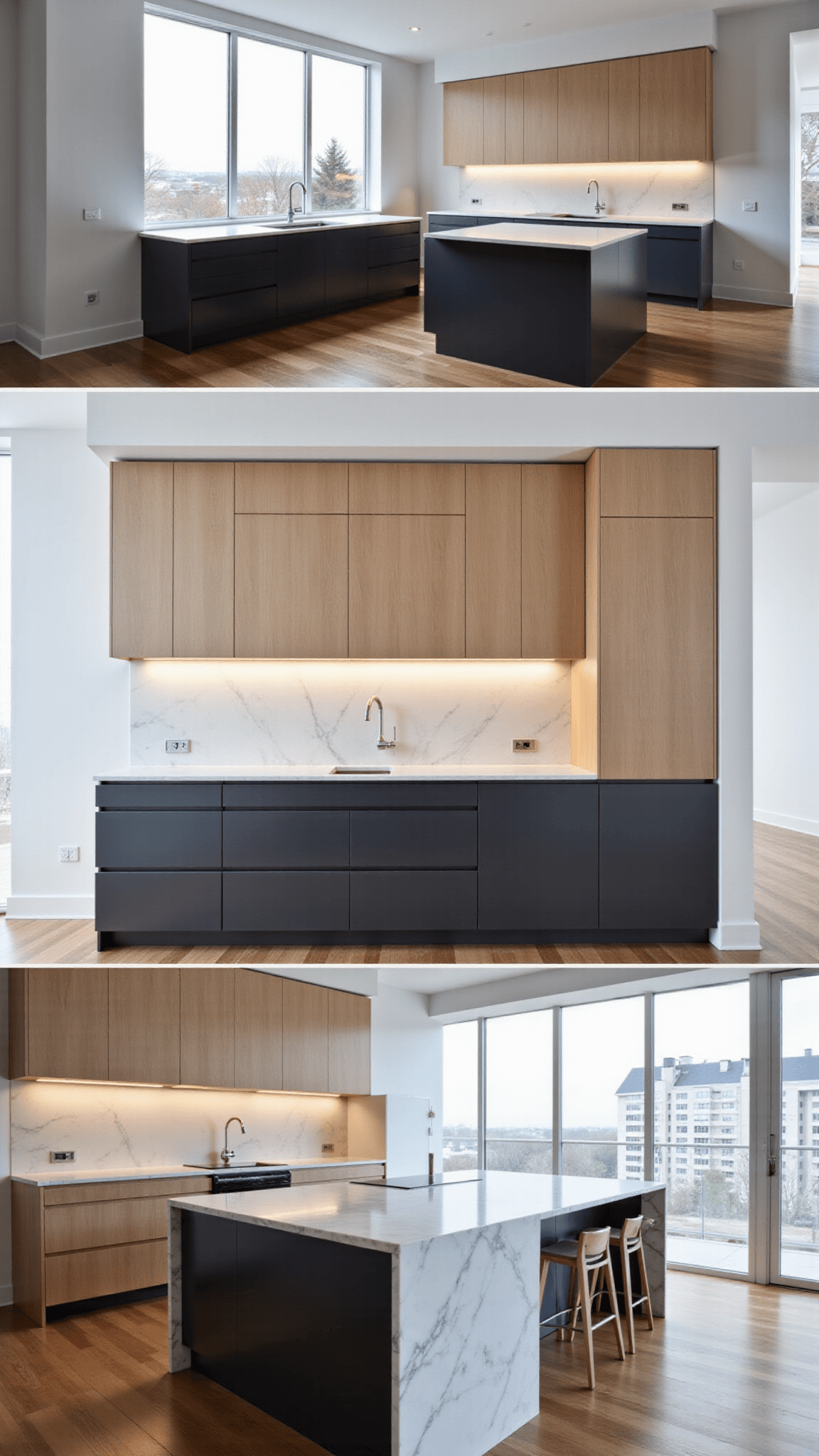 Elevated view of a luxe minimalist L-shaped kitchen with light oak upper cabinets, charcoal lower cabinets, massive white marble center island, and floor-to-ceiling windows casting dramatic midday shadows.
