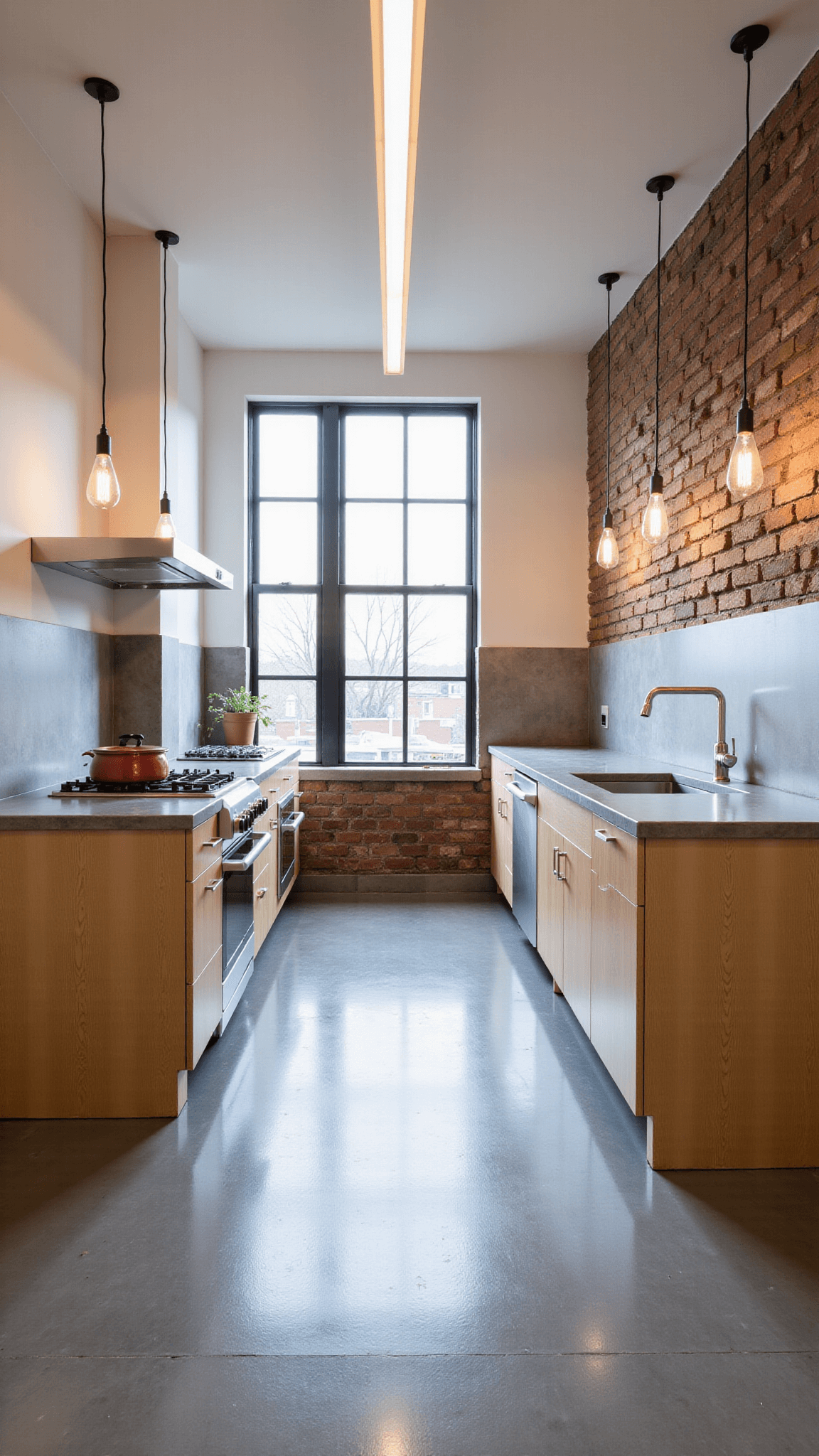 Modern compact urban kitchen with light oak cabinets, concrete countertops, stainless steel appliances, exposed brick wall, and industrial elements lit by afternoon light streaming through factory-style windows