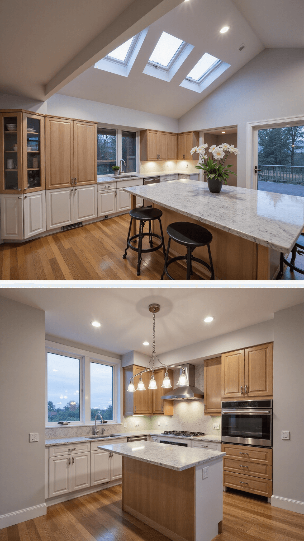 Transitional style open-concept kitchen/dining space with light oak cabinets, marble backsplash, mixed metal fixtures, and twilight glow through skylights.