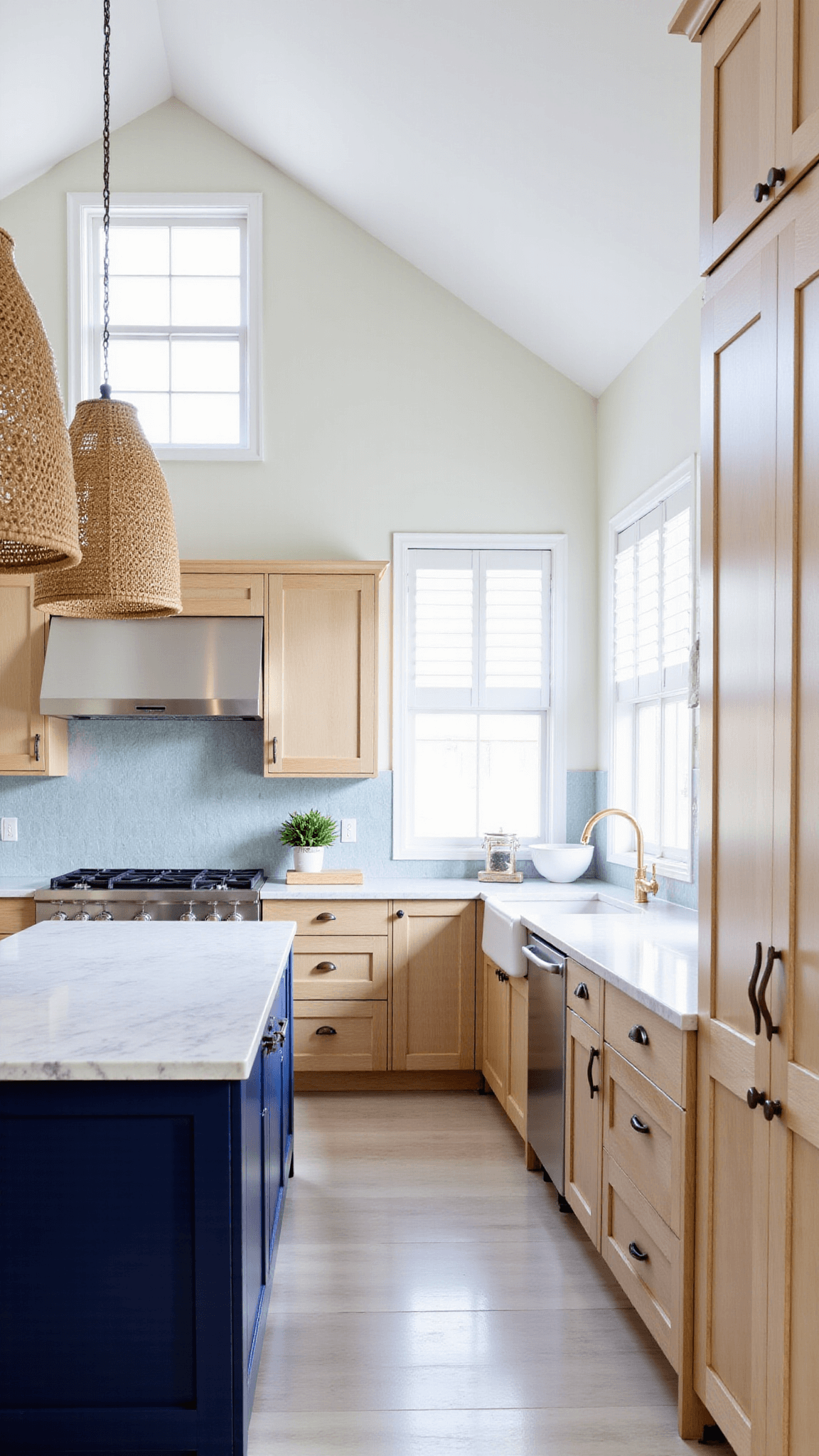 Light and airy Hamptons-style kitchen with light oak cabinets, navy island base, white quartzite counters, and pale blue tiles. Features include rattan pendant lights and plantation shutters, emphasizing the room's height and modern aesthetic.