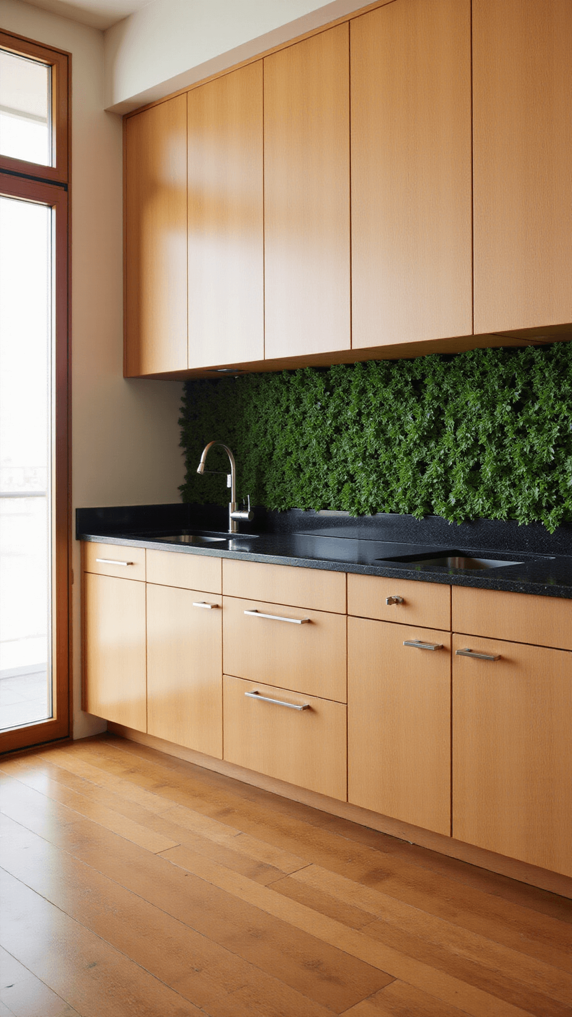 Zen minimalist style kitchen with sliding shoji screens, light oak cabinets, black granite counters, and a vertical garden wall basking in morning light, emphasizing its organic elements and horizontal lines.