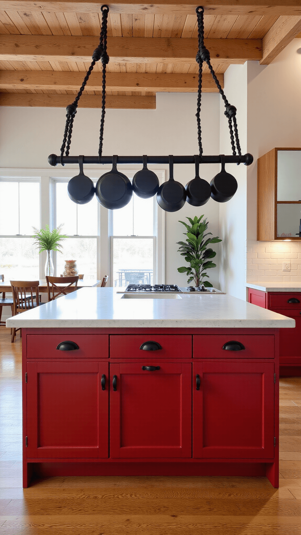 A modern farmhouse oak kitchen with red cabinets, matte black hardware, white concrete countertops, and exposed wooden beams, illuminated by afternoon light accentuating the wood grain, shot from the family room entrance.