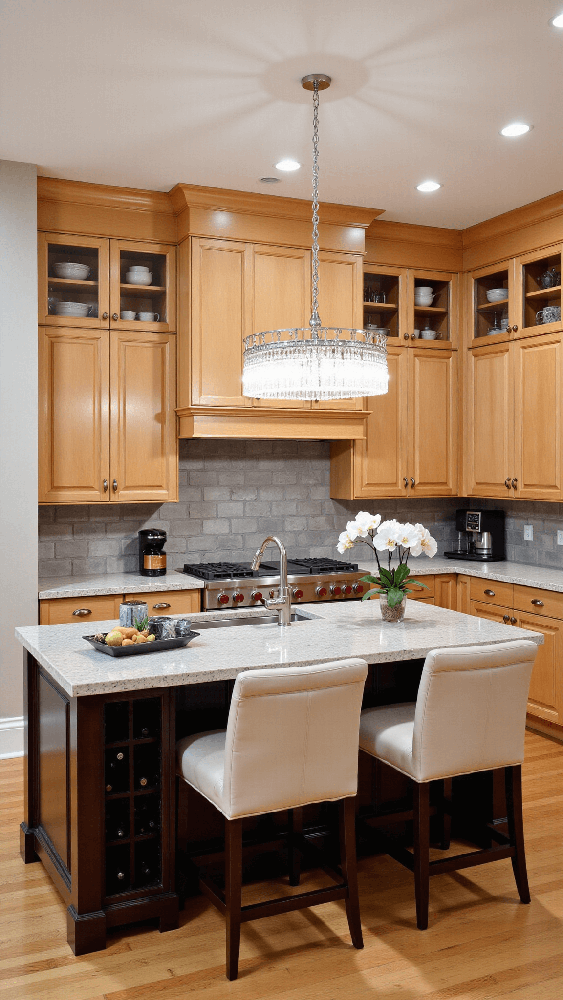 Elevated view of a sophisticated 16x18ft kitchen with coffered ceiling, natural maple cabinets with glass fronts, warm gray quartz counters, subway tile backsplash, an island with wine storage, upholstered stools, polished nickel hardware, crystal chandelier, arranged orchids and coffee service.