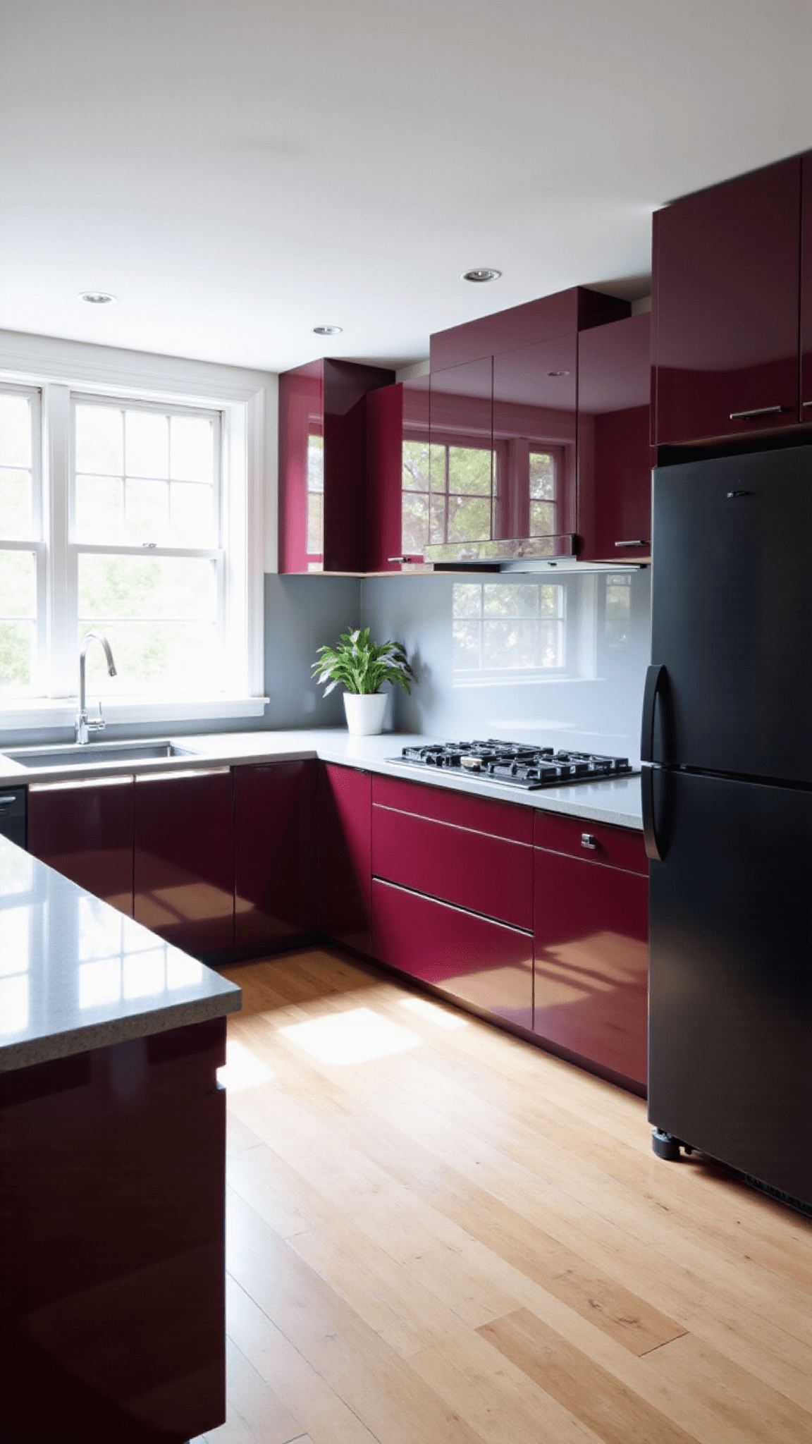 Modern Minimalist Burgundy Kitchen with High-Gloss Cabinets and Concrete Countertops in Morning Light
