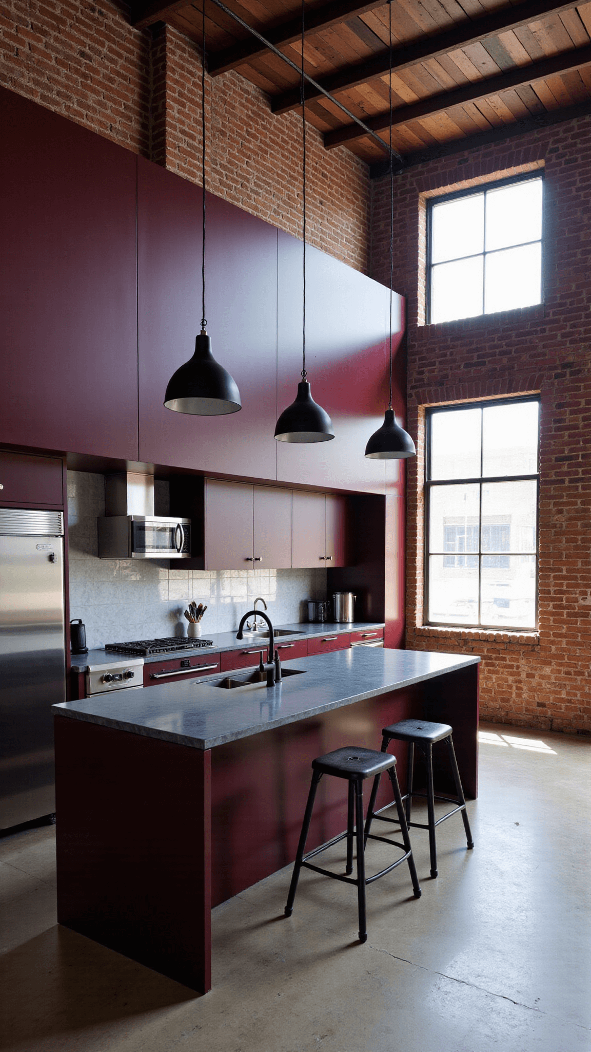 Elevated view of an industrial burgundy loft kitchen featuring deep burgundy metal cabinets, slate countertops with blue undertones, commercial-grade appliances, black pendant lights, exposed brick wall, flowing into a dining area, dramatically lit through factory windows for an urban sophisticated mood.
