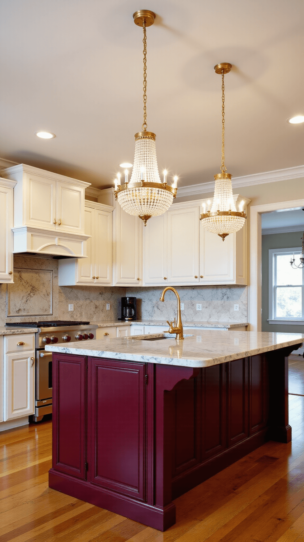 Elegant L-shaped kitchen with creamy white upper and rich burgundy lower cabinets, marble countertops, brass hardware, chandelier-lit kitchen island, captured in natural and artificial light from doorway.