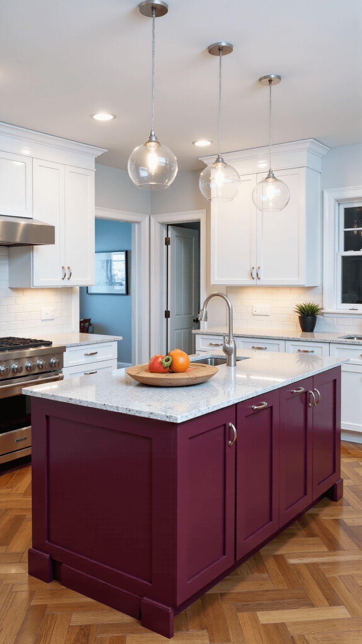 Contemporary kitchen with burgundy island, white cabinets, quartz countertops, herringbone wooden flooring, and modern pendant lights, shot during blue hour.