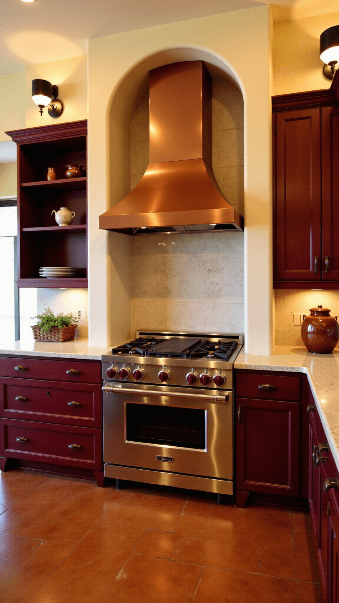 Burgundy Mediterranean-styled kitchen featuring curved archways, terra cotta tiled floor, copper range hood, and olive wood open shelving with ceramics, illuminated by warm sconces during golden hour, viewed from an arched doorway.