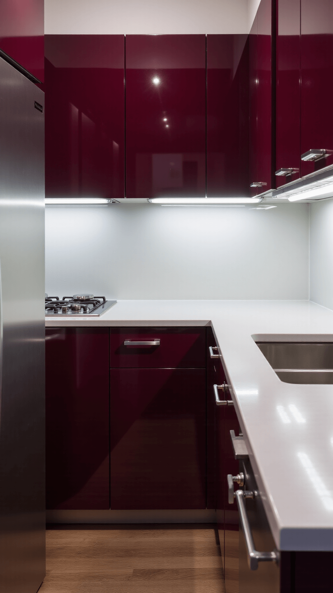 Intimate and luxurious 8x12ft galley kitchen at night, featuring high-gloss burgundy cabinets, white quartz counters and backsplash, under-cabinet lighting and metallic accents, lit by strategically placed LED task lights.